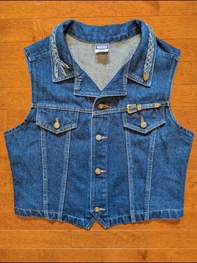 Vtg 90s Watch L.A. Rhinestone Silver Tips Braided Denim Vest USA Made Women's L